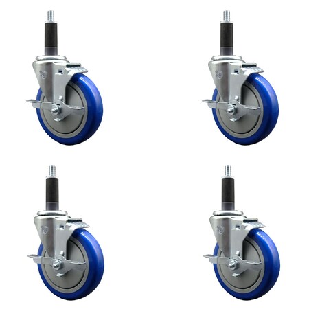 Service Caster 5'' Blue Poly Swivel 1'' Expanding Stem Caster Set with Brake, 4PK SCC-EX20S514-PPUB-BLUE-TLB-1-4
